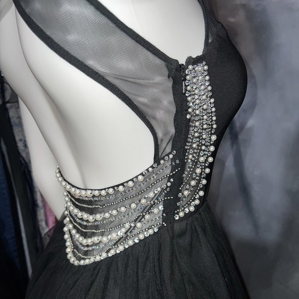 NWT Blondie Nites Sleeveless Black Dress, Sheer High Neck, Lettuce Ruffle Hem